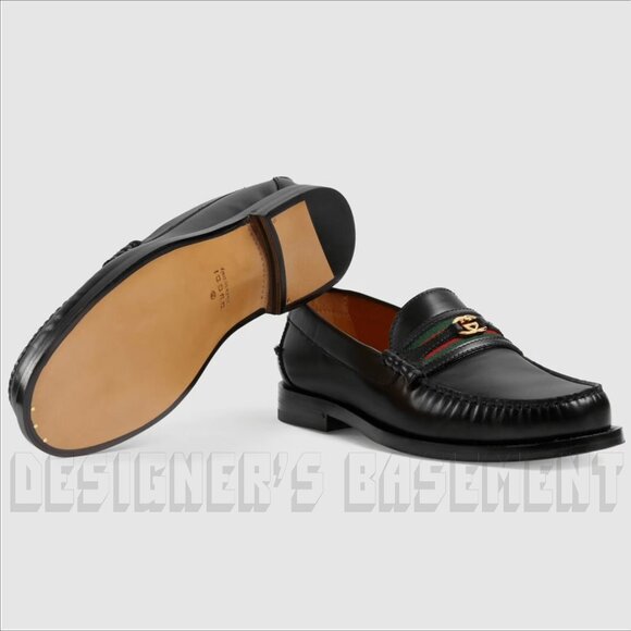 Gucci 13 black KAVEH polished Leather DOUBLE G WEB detail Loafer Shoes NIB - Picture 8 of 13